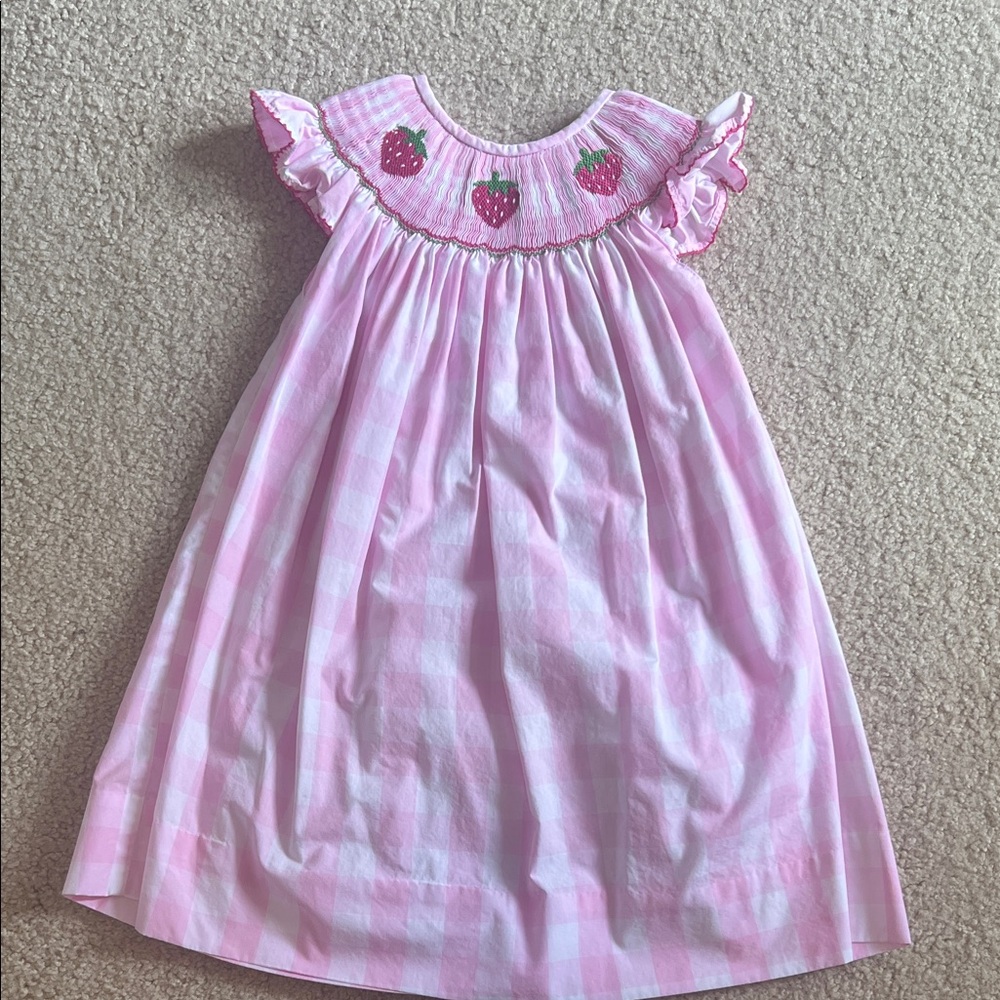 Cecil and Lou Pink Gingham Smocked Dress with Strawberry Embroidery EUC 5